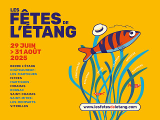 Visuel générique des Fêtes de l'étang à l'été 2025 avec les villes du pourtour de l'étang de Berre. Un poisson tigré est représenté dans une anémone dessinée et des adjectifs de célébration