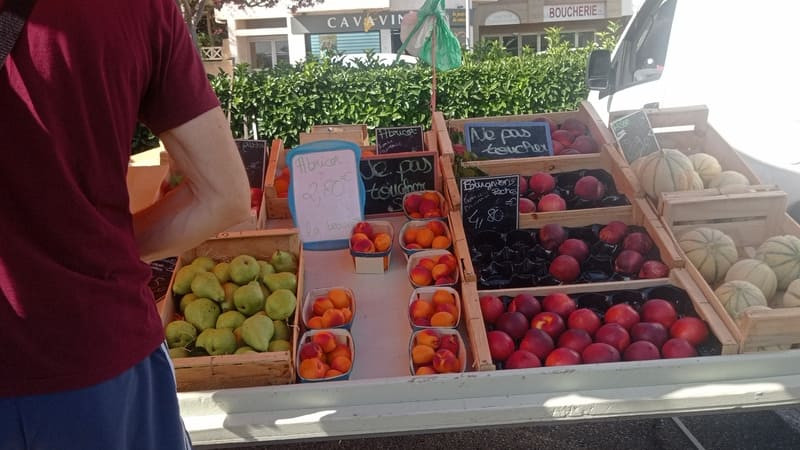 Local market in Martigues town center featuring seasonal fruit and vegetables; market gardeners, producers, and artisans are all present at the Martigues market