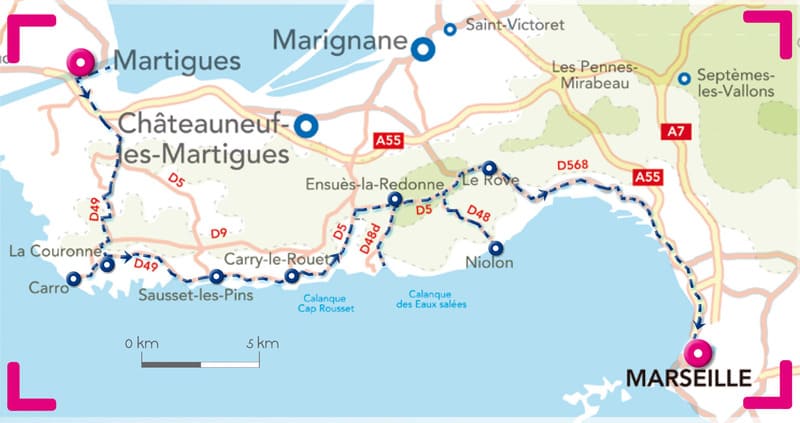 Karte der Küste zwischen Martigues und Marseille. Autoroute zur Entdeckung der Dörfer der Côte Bleue. - © Provence Tourisme