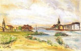 Carte postale illustrant le Grand Canal de Martigues dans un style pastel, avec des couleurs douces capturant la beauté de la ville provençale.