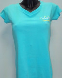 Camping Paradis women's V-neck t-shirt viewed from the front with 'Camping Paradis' inscription on the heart