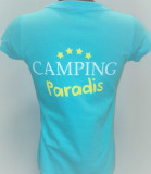Camping Paradis women's V-neck t-shirt viewed from the back with inscription on the back