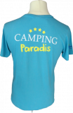 Rückansicht des unisex-blauen T-Shirts mit weiß-gelber Camping Paradis-Aufschrift