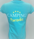 Tee-shirt femme Camping Paradis avec col en V vu de dos avec inscription sur le dos