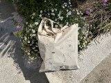 Tote bag de couleur clair avec des petits dessins symboliques de la Côte Bleue comme des poissons, crabes ou mouettes