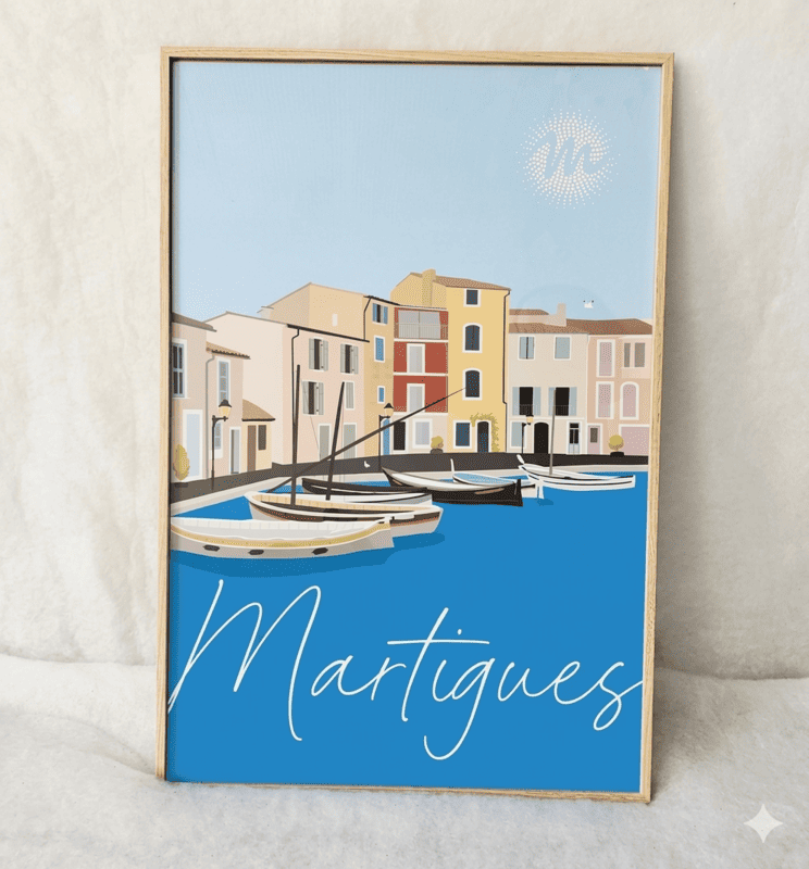 Affiche à exposer de type dessin du Miroir aux Oiseaux et les façades colorées de Martigues. Barques et maisons provençales apportent un côté apaisant au dessin