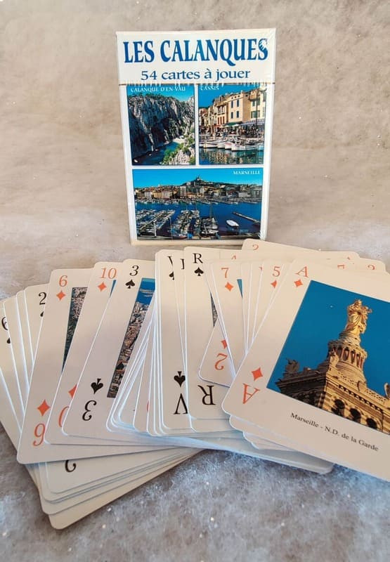 Classic playing cards featuring Marseille, the Calanques, and Provence. Available at the Martigues Tourist Office.