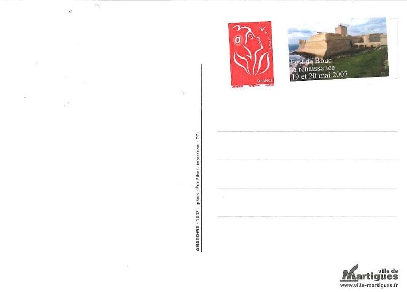 Carte postale timbrée du Fort de Bouc, vue de dos avec espace pour adresse et message.