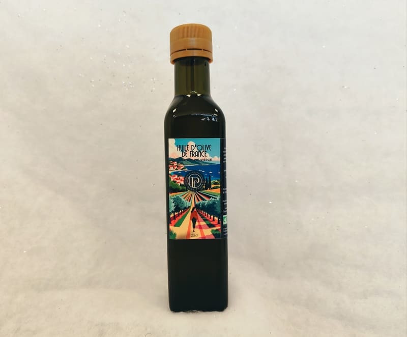 25-cl-Flasche Olivenöl aus Martigues, hergestellt auf dem Weingut Domaine de Plan Fossan. Lokales Produkt, erhältlich im Shop des Fremdenverkehrsamts Martigues.