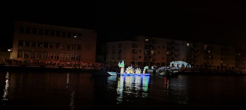 The surroundings are dark, and a luminous float occupies the entire space. It represents a monster from the Étang de Berre, like a dragon. It parades on the water of the Martigues 