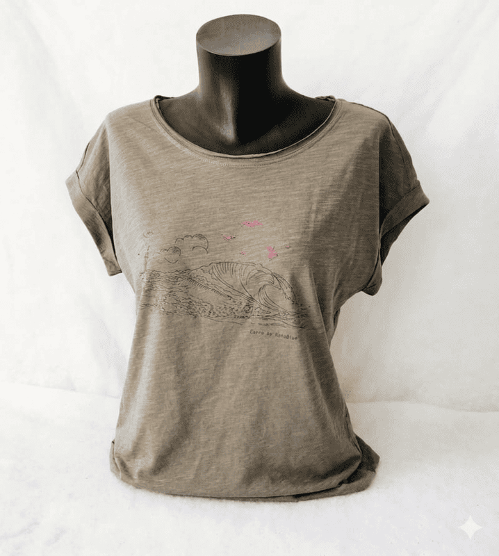 Camiseta femenina con el diseño de la Costa Azul. Una ola simboliza el surf en Carro, famosa por sus olas ideales para surfear. Disponible en la Oficina de Turismo de Martigues.