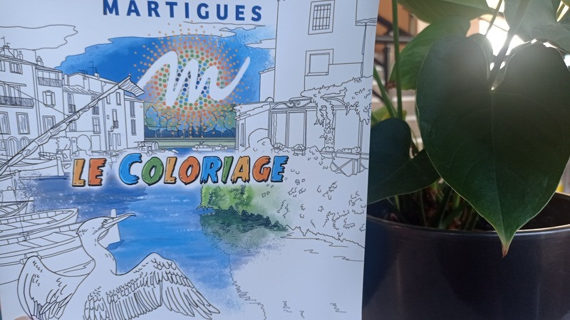 Couverture du carnet de coloriage posée à côté d'une plante, présentant un design attrayant.