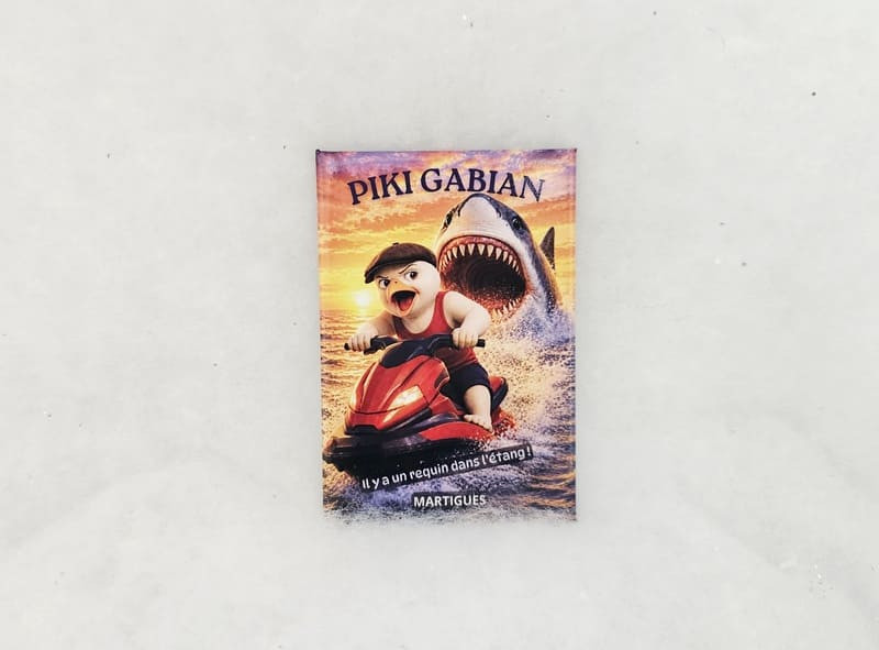 Magnet Piki Gabian - Il y a un requin dans l'étang - Martigues - © Otmartigues / MarianneB Magnet Piki Gabian, gabian sur jet-ski poursuivi par un requin sur l'Étang de Berre à Martigues