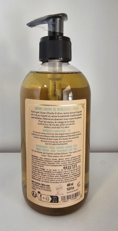 Back label of the 400ml fig liquid Marseille soap, detailing ingredients and usage