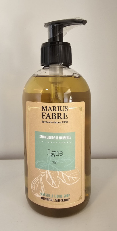 400ml fig liquid Marseille soap, shown from the front with a beautiful label