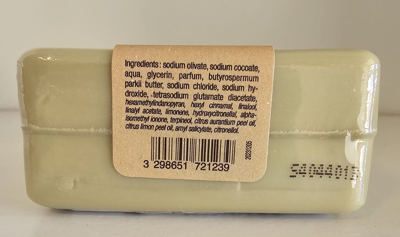Side label of the Marius Fabre 100g soap, displaying the ingredients and design