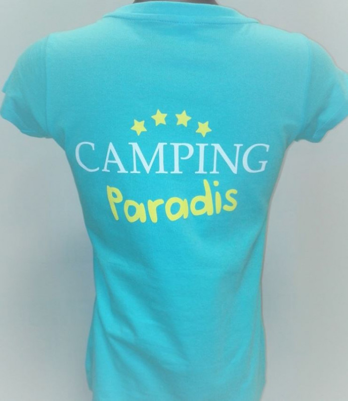 Camping Paradis women's V-neck t-shirt viewed from the back with inscription on the back