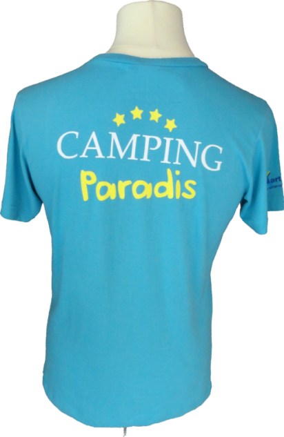 Rückansicht des unisex-blauen T-Shirts mit weiß-gelber Camping Paradis-Aufschrift