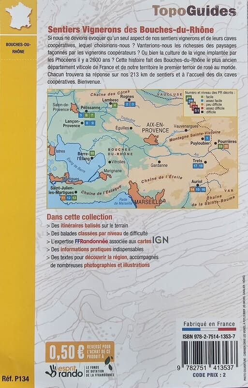 Dos de couverture du topo guide des sentiers de vignerons avec les sentiers balisés au coeur des vignes des Bouches du Rhône. Sentiers des vignerons à Saint-Julien-les-Martigues et la cave vinicole