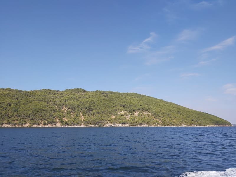 Colline sauvage de l'étang avec sol abrupte et sommet verdoyant. La mer sépare le bateau de la colline lors de la balade en bateau sur l'étang de Berre - © Otmartigues - VictoriaG